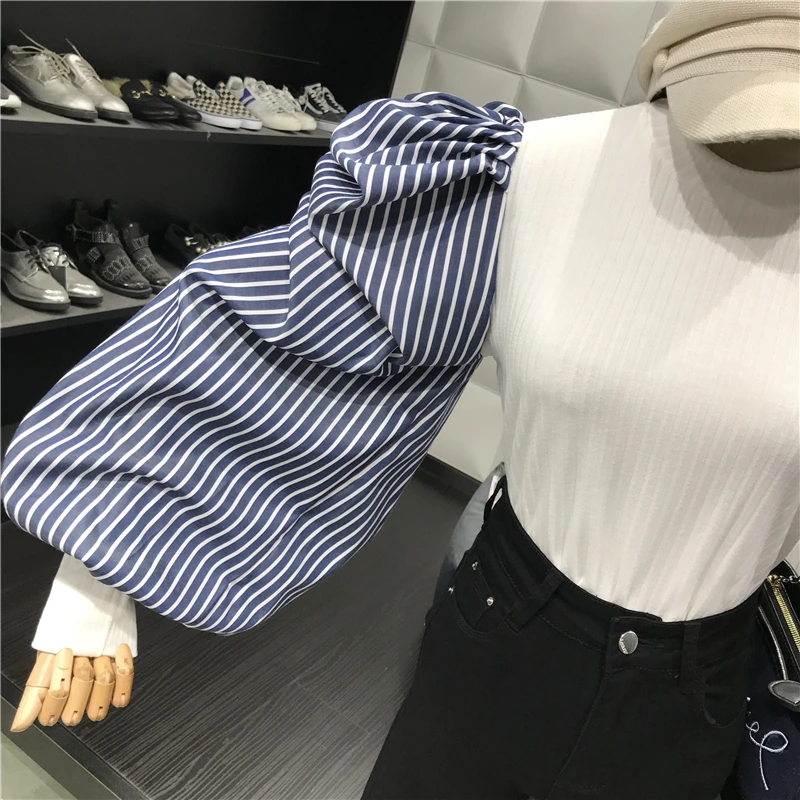 Женская футболка в полоску GetSpring белый пуловер с длинным рукавом рубашка буфами