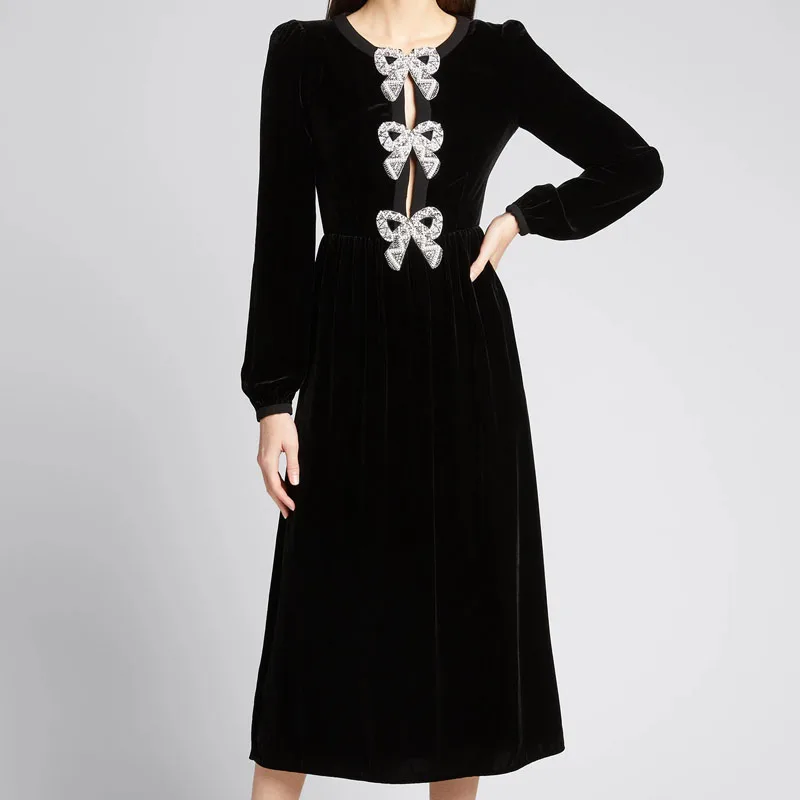 

2021 Spring New Style Beaded Diamond Bowknot Long Sleeve Slim Temperament Mid-Length Velvet Black Dress Women'S Clothing