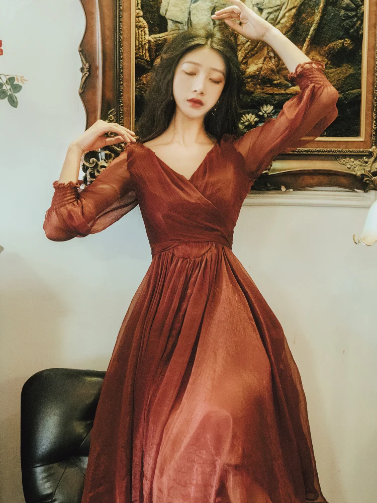 Женское длинное платье с рукавами фонариками элегантное винтажное шелковое из