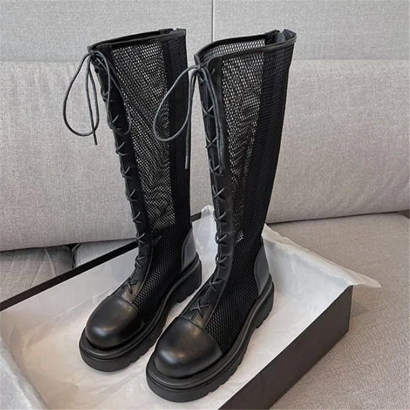 

New knee-length women's sandals women's thick-soled 2021 summer women's boots hollow mesh boots large size Martin mesh boots