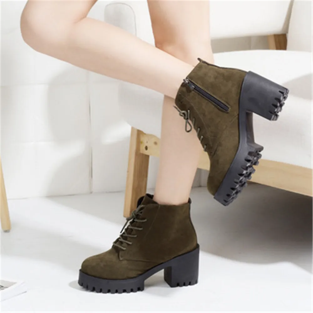 

Новые женские ботильоны на шнуровке, зимние уличные теплые меховые зимние ботинки, модная обувь из флока на толстом каблуке с круглым носком, женская обувь 35-41