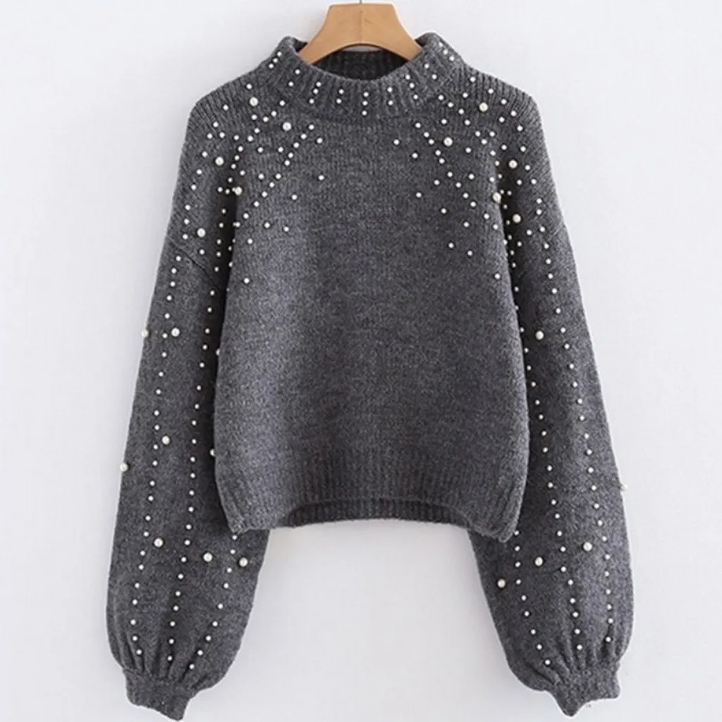 Women's Casual Sweater Thick Needle Long Sleeve O-neck Pullover Autumn Winter Loose Pearl Sweaters Femme Clothes | Женская одежда