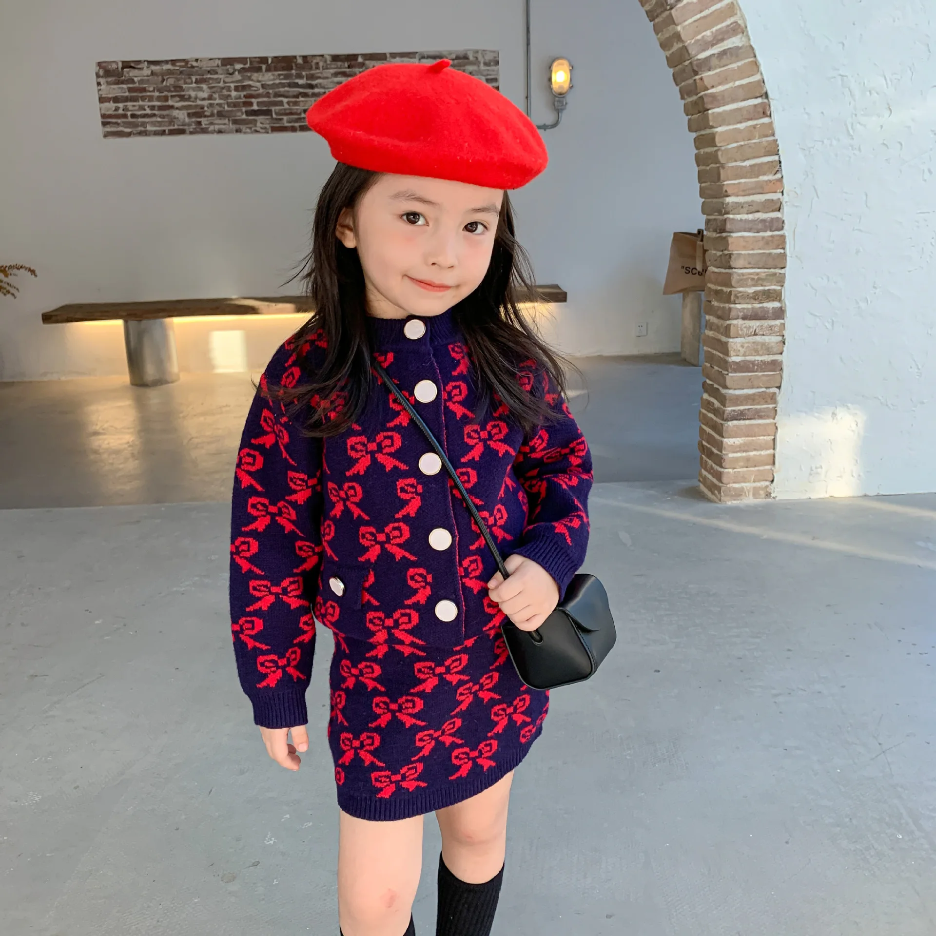 

Parent-child outfits for mom and daughter Stylish girl's two-piece set Bowknot pattern cardigan + skirt