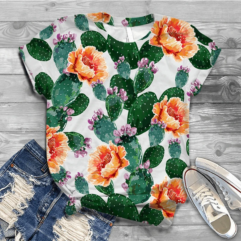

Plus Size S-4XL Flower Cactus Print Comfortable T Shirt Women T-Shirt O Neck Short Sleeve Tees Summer Women T-shirts Blue Tshirt