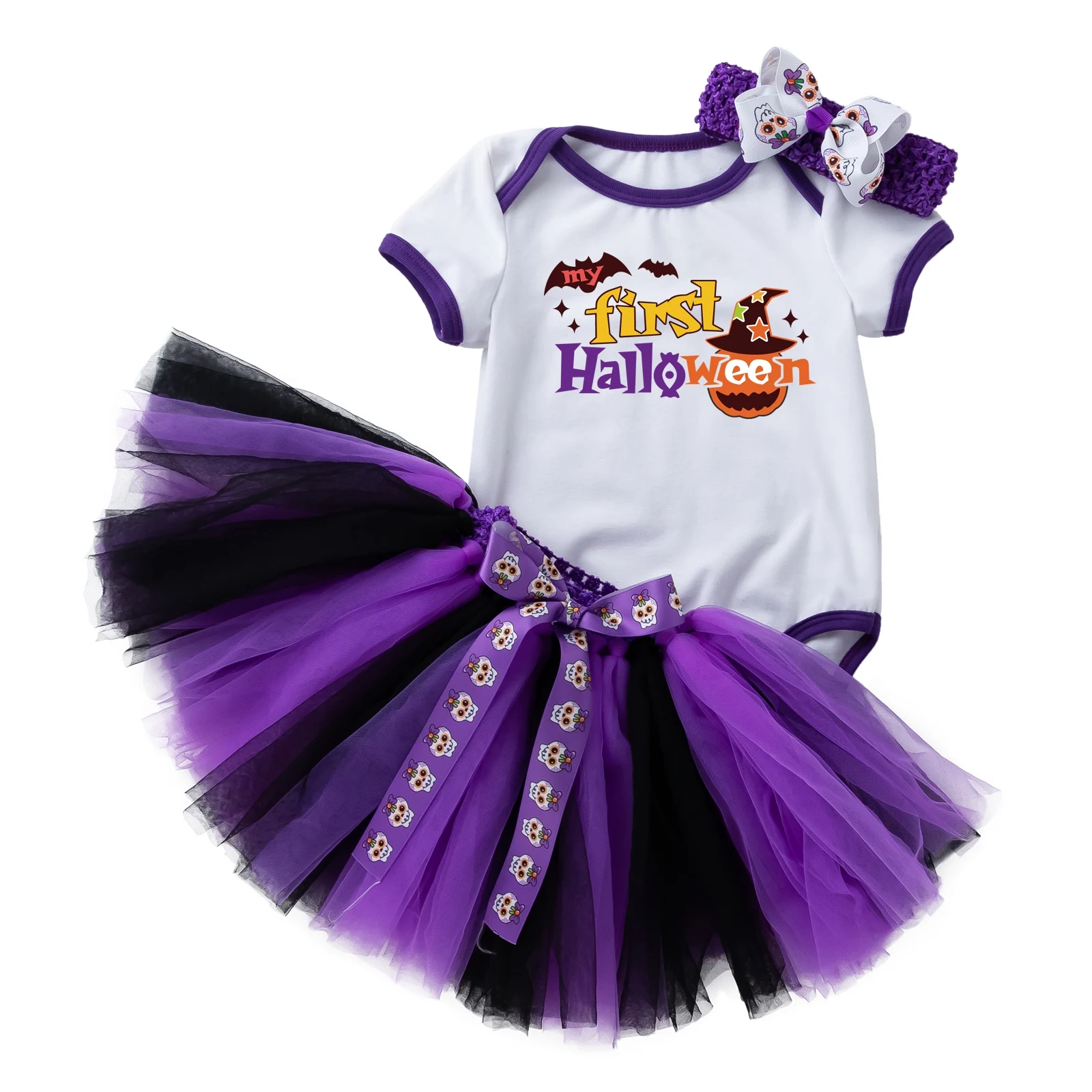 

Pudcoco 0-18M 3Pcs Halloween Costumes Pumpkin Letter Ghost Print Girls Newborn Kids Bodysuit+Mesh Stitching Skirt+Headwear Sets