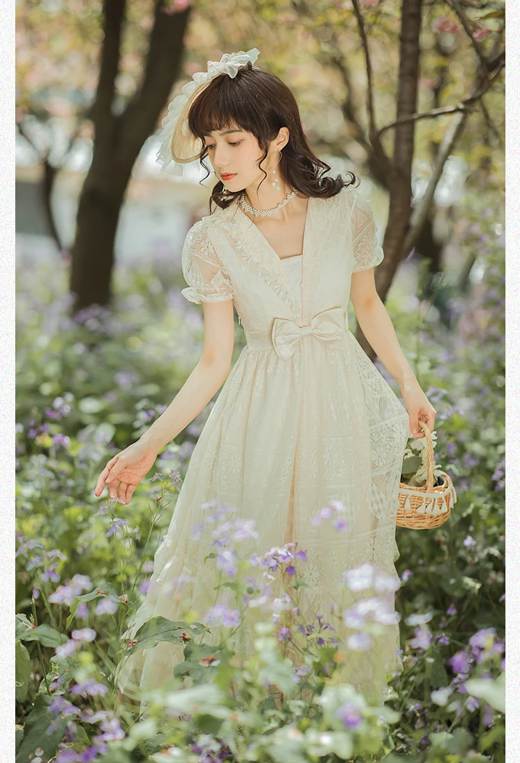 

Cottage Vintage Lace Fairy Dress Women Summer Sweet Petal Sleeve Bow Princess Dresses For Slim Lady Retro Mori Girl Vestido