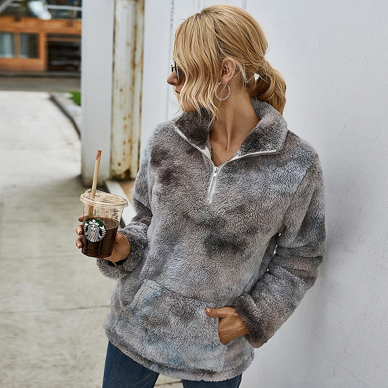 

Winter Tie-dyed Fur Coat Women's Light Blue Long-Sleeved Warm Zipper Hoodless Sweater Fashion Simple Chic Lapel Sweater