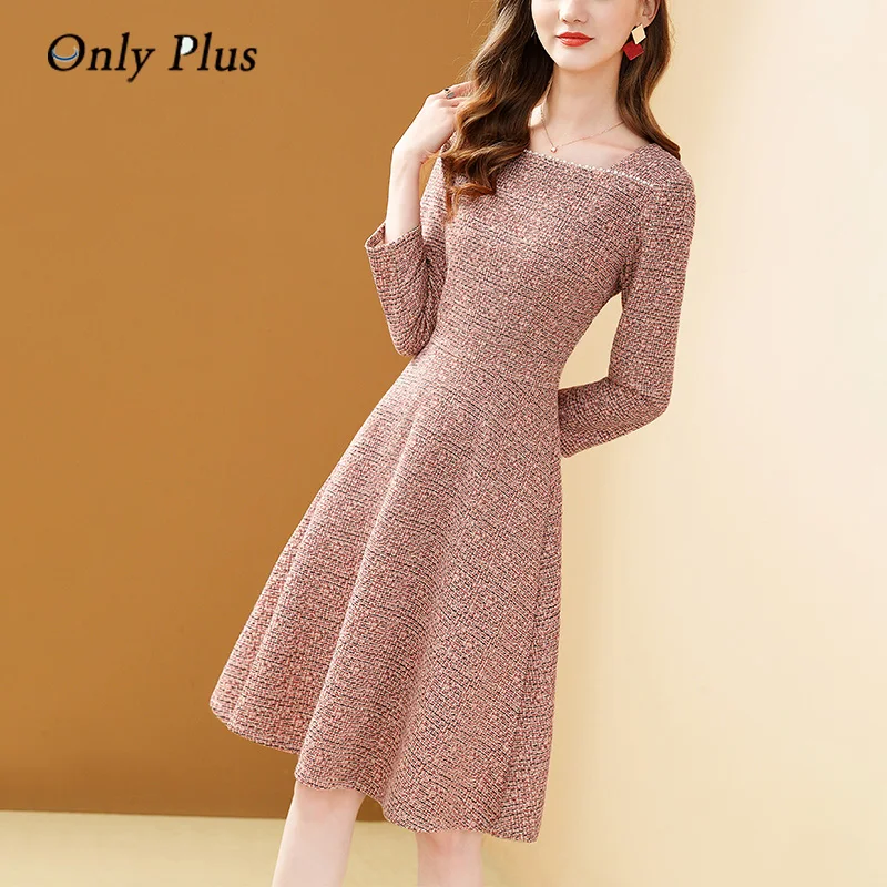

Only Plus Pink Tweed Elegant Dress Women 2022 Spring New Pearl Square Collar Dresses Fashion A-line Simple Office Lady Vestidos