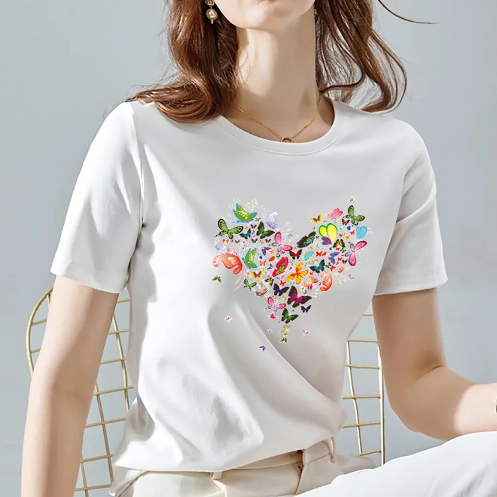 

Woman Tshirts Summer Casual Basis O-collar White Shirt Love Heart Print Graphic Tee Female Short Sleeve Women Clothing