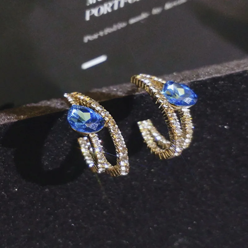 

Hot Sale Blue Teardrop Rhinestone Crystal Stud Earrings for Women Cute Micro Paved Statement Waterdrop Prevent Allergy Jewelry