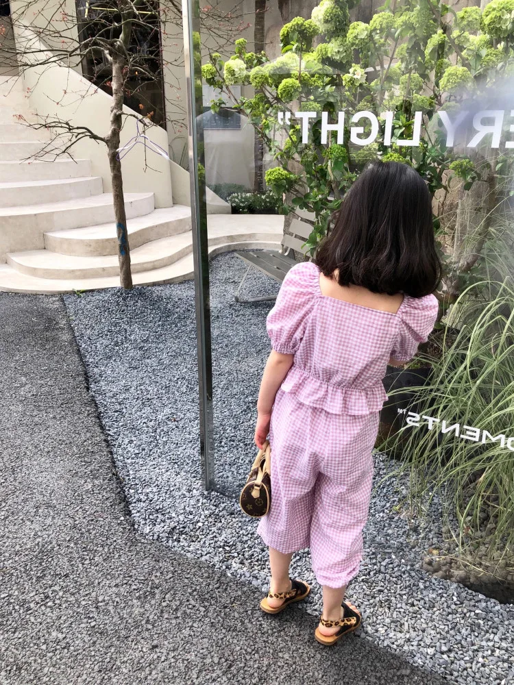 

2021 Girls Summer Square Neck Short Sleeve Plaid Suit Kids Clothes