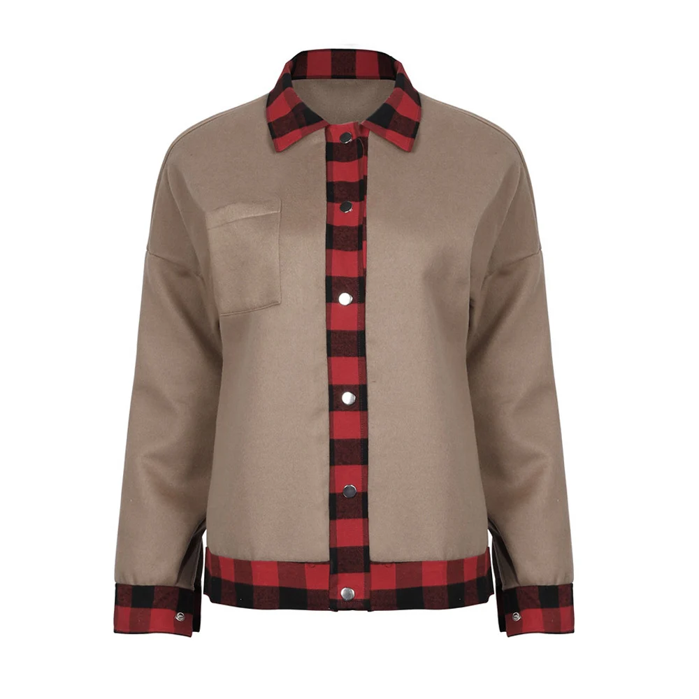 

Women Contrast Color Plaid Print Coat Turn Down Collar Pocket Autumn Winter Single-breasted Woolen Jacket