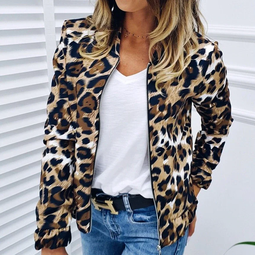 

Fashion Women Long Sleeve Jacket Sweater Top Ladies Casual Leopard Print Cardigan Zipper Short Outwear Coat Jacket