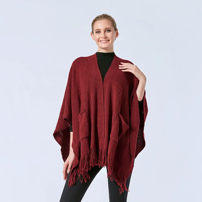 

2021 Autumn Winter Sweater Cardigan Women Knitted Top Tassels Pullover Sweater Pocket Shawl Loose Elegant Sweater Coat Female