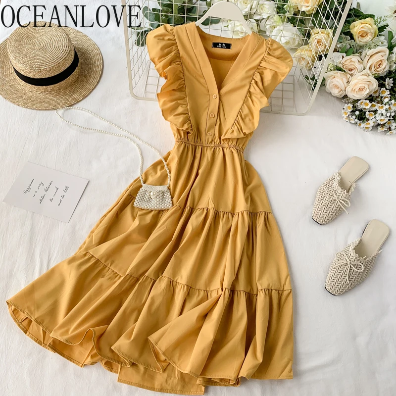 Женское платье с оборками и высокой талией весна лето 2020 v образным вырезом без