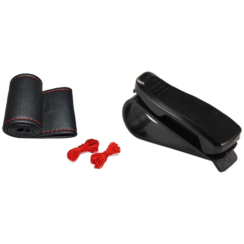 

Braid On The Steering Wheel Car Steering Wheel Cover 38Cm With Car Clamp Clip Holder Sunglasses Billet Card