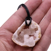 natural druzy agates stone pendant necklace for women men irregular quartz crystal slice charms necklace waxed thread chain gift