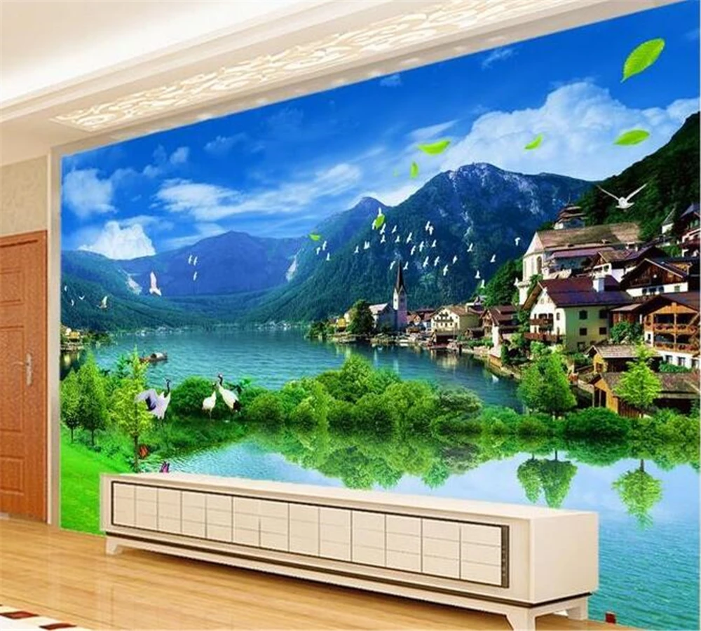 

beibehang Custom Mural 3D Wallpaper Beautiful Green Water City Background TV Background Living Room Bedroom Waterfall Mural