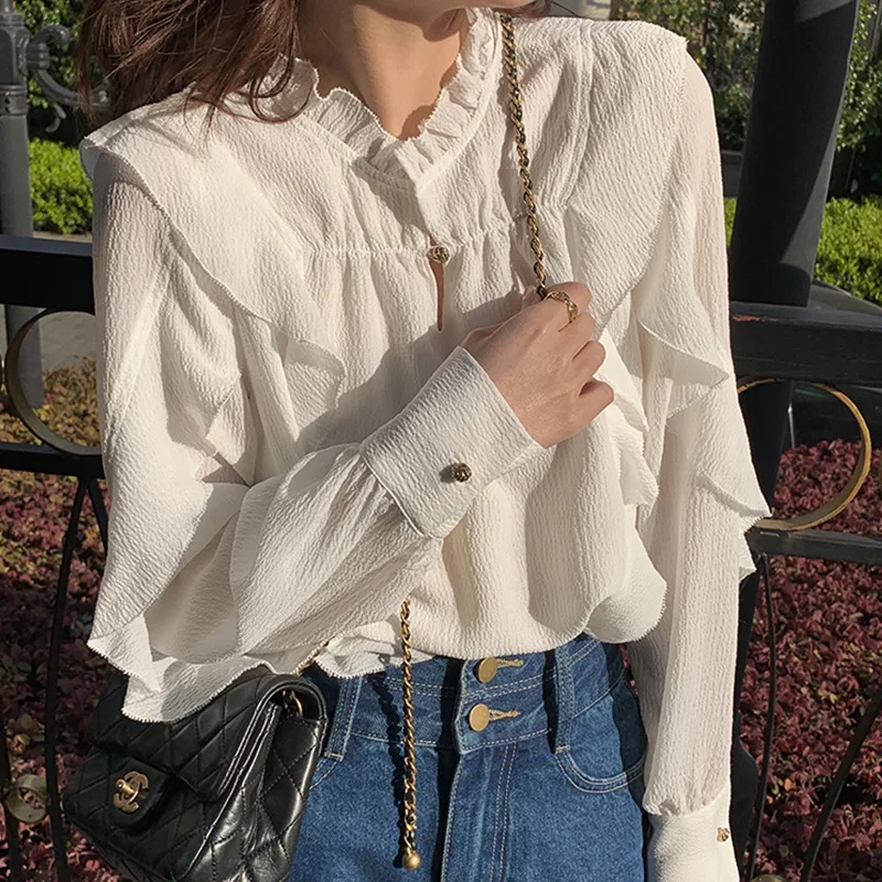 

Johnature Autumn New Korean Womens Tops Shirts 2021 Casual All Match Solid Color Ruffles Loose Button Female Blouses