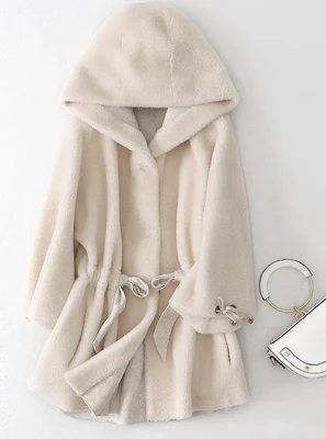 beige Женское зимнее пальто из натурального меха, стрижка овец, повседневное теплое пальто из натуральной овечьей шерсти, пальто с капюшоном и поясом F1130 - Цвет: beige