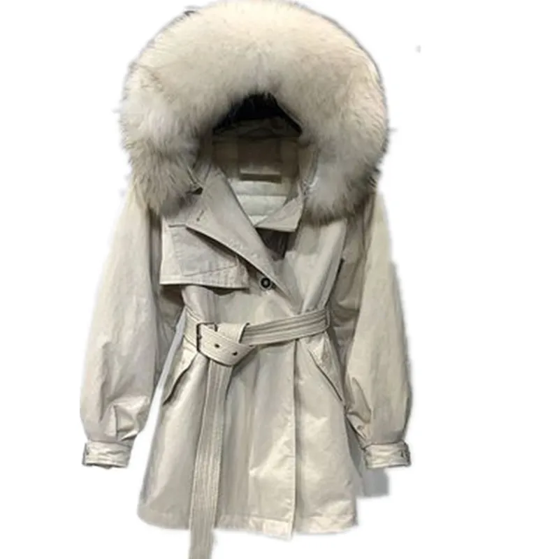 

Down Jacket Women Short Korean Loose Belt With Waist White Duck Down New Real raccoon fur collar Parka Thick Warm Jacket 24