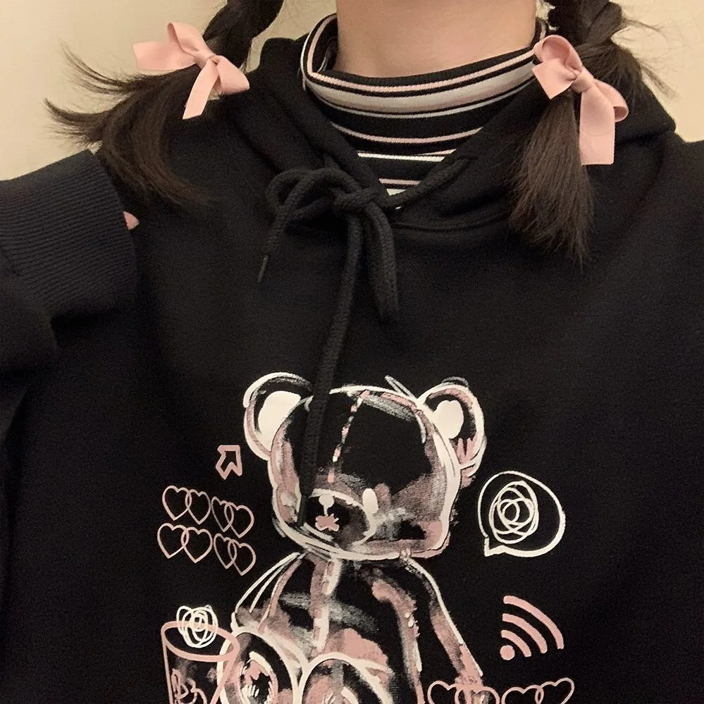 

Ulzzang Bear cute Women hoodies sweatshirts Korea Vintage Punk Casual Harajuku Tops 2021 Women Clothing Loose Hip Hop Streetwear
