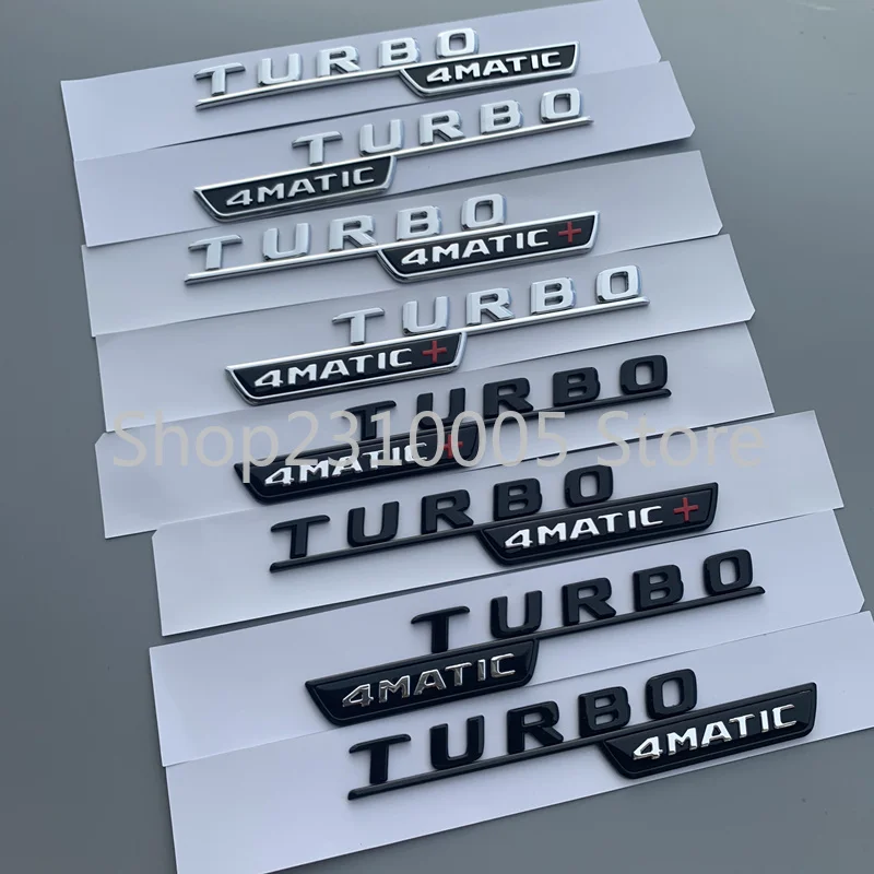 Insignia de reacondicionamiento de coche, emblema de guardabarros TURBO 4matic 4matic + Plus para Mercedes Benz AMG, color negro mate brillante y cromado, 2017 letras planas