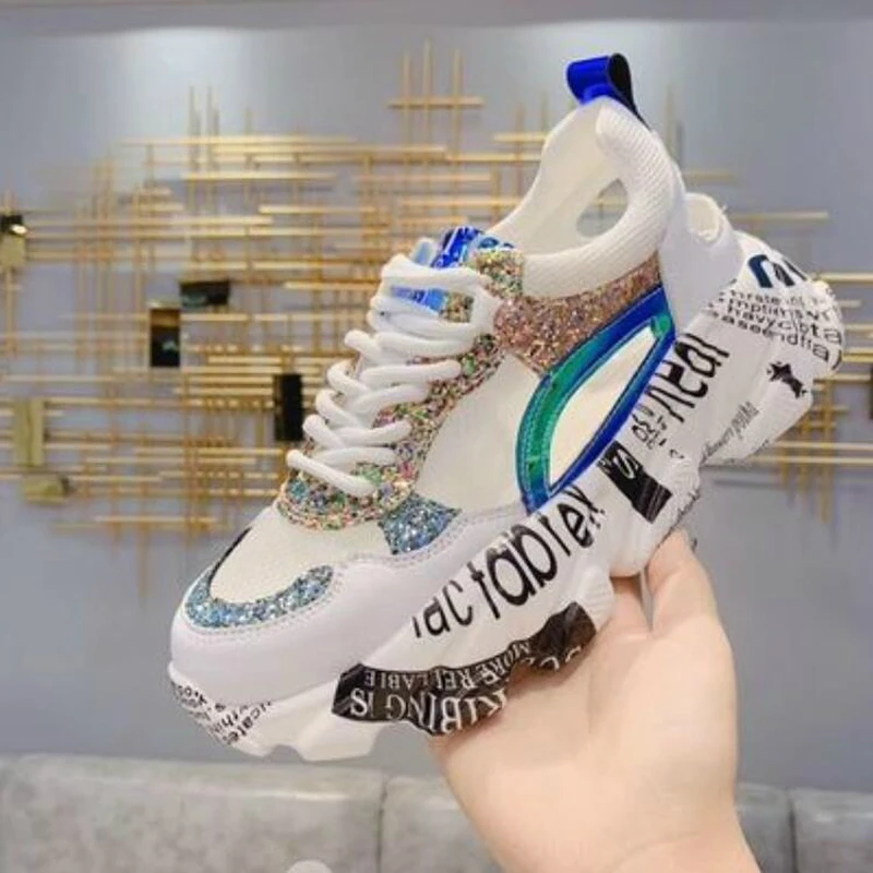 

Summer Women Sneakers Fashion Comfortable Casual Dad Shoes Sequins Girl Graffiti Breathable Platform Shoes Woman Sandals