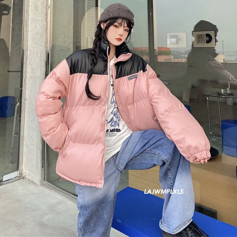 

Winter Parkas Mixed Colors Couple Cotton Coats Casual Women Stand Collar Pocket Warm Down Cotton Puffer Jackets
