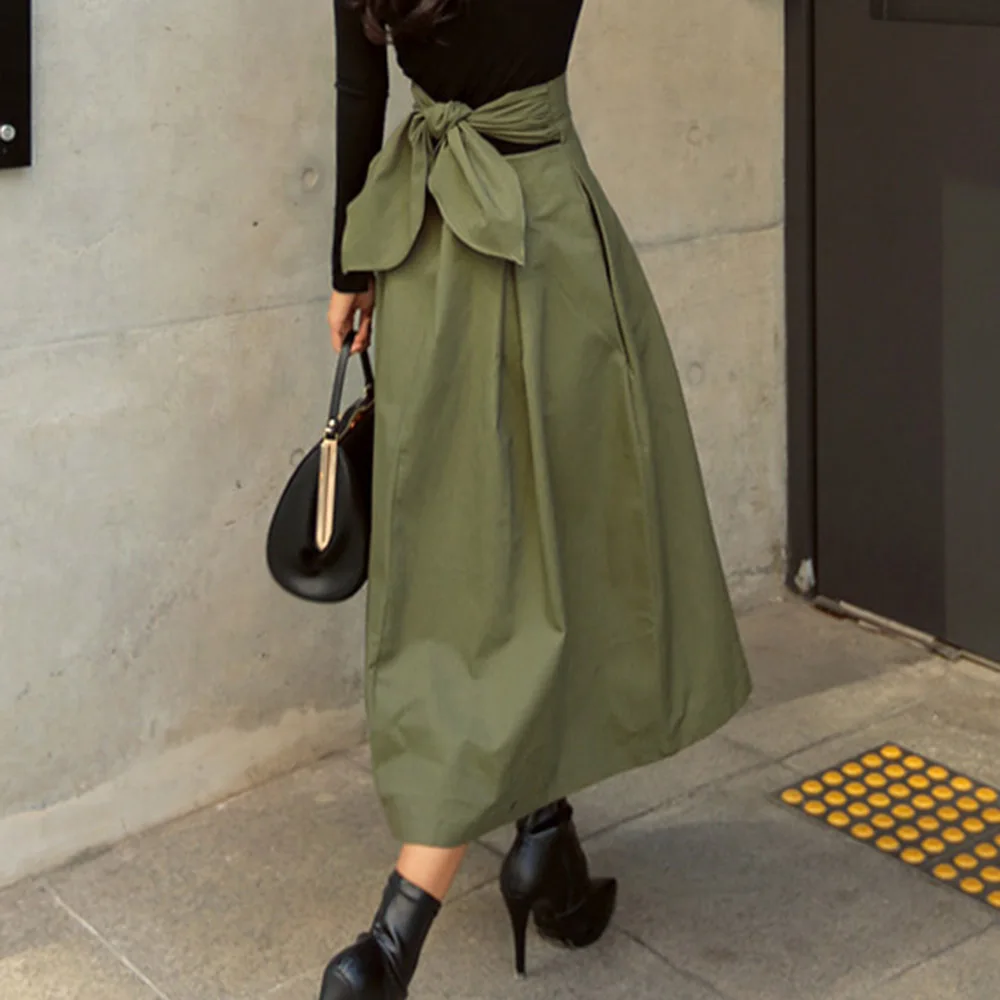 

Bowknot Mid Calf Plain A-Line Elegant Women's Skirt Spring Autumn Bust Umbrella Super Fire Bow Large Swing Slim Waist Long Dress
