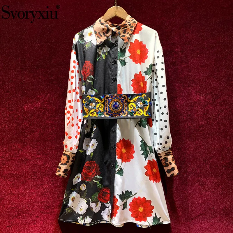 

Svoryxiu 2021 Women's Summer Runway Fashion Short Dress Elegant Long Sleeve Dot Flower Print Shirt Dresses + Diamond Girdle
