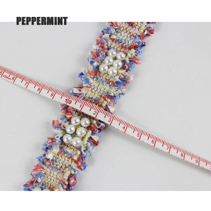 1 yard 3cm Tweed Webbing Pearl Beaded Trim Fabric Ribbon Sewing Handmade DIY Costume Dress Supplies Craft