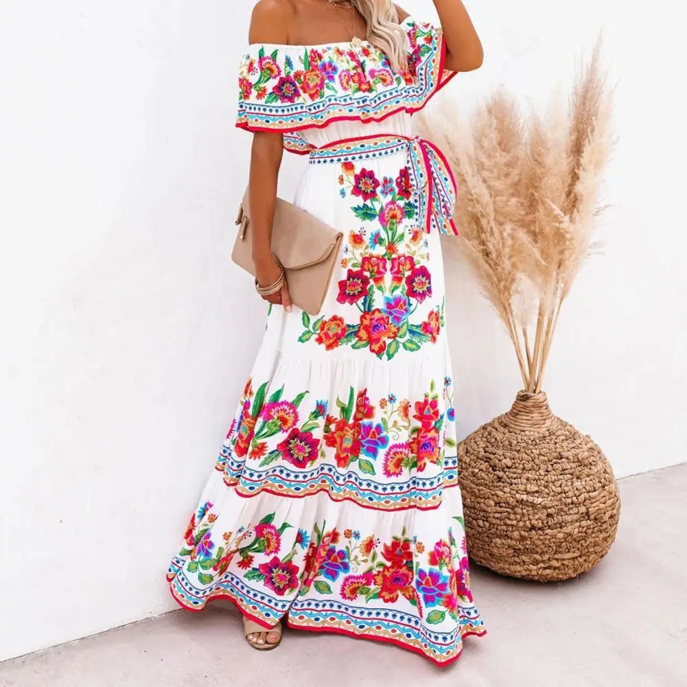 

Plus Size Summer Dress Floral Print High Waist Female Ladies Horizontal Shoulder Dress Beach Party Long Dresses Vestidos 2021