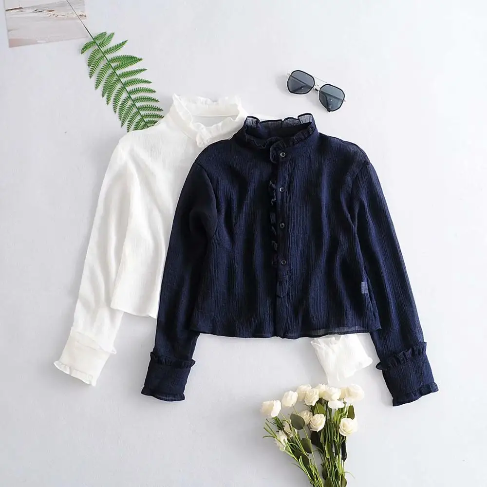 Женская прозрачная шифоновая рубашка белая темно синяя Однотонная с длинным