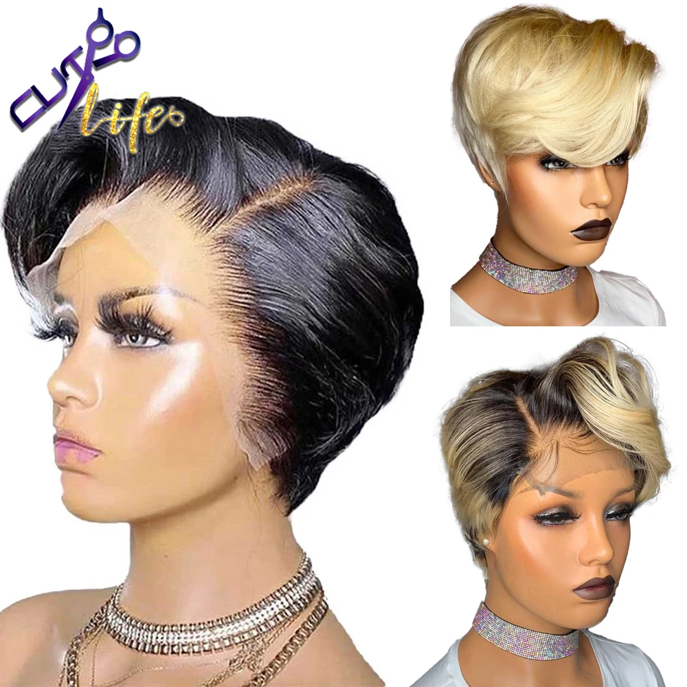 

Short Pixie Cut Lace Wig Honey Blonde 613 Wavy Bob Wig Human Hair Wig For Women Remy Pre Plucked Hairline Natural Glueless Hair