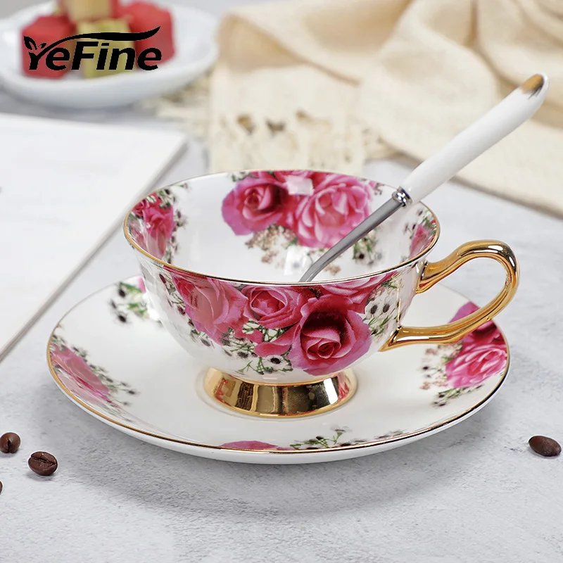 YeFine Ceramic Afternoon Black Tea Cups And Saucers Bone China Coffee Cup With Tray Porcelain Drinkware Set Dropshipping | Дом и сад