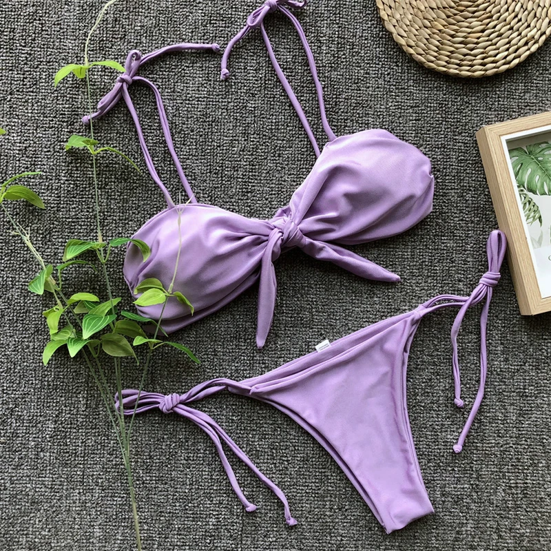 Женские Купальники Фиолетовый строка мини бикини с трусиками танга низкой талией банный костюм пляжный