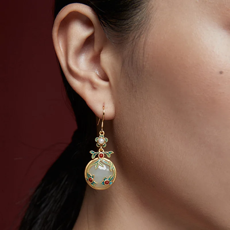 

Vintage Enamel Flower Drop Earrings 925 Sterling Silver Gold-Plated Hetian Jewelry For Women Wedding Party Unusual Accessories