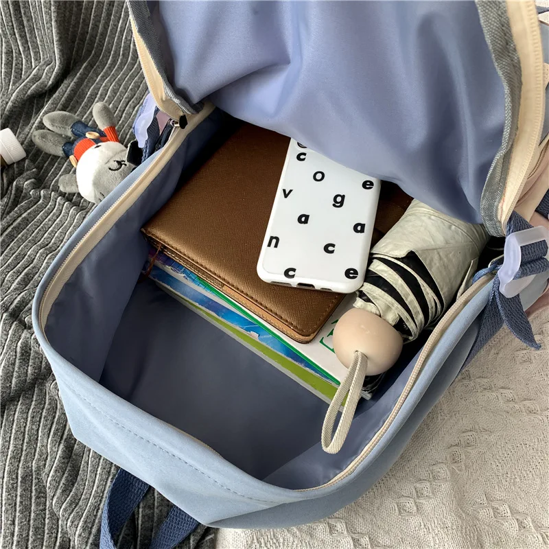 

DCIMOR New Contrast Color Waterproof Nylon Women Backpack Female Transparent Pocket Travel Bag Teenage Girl Button Big Schoolbag