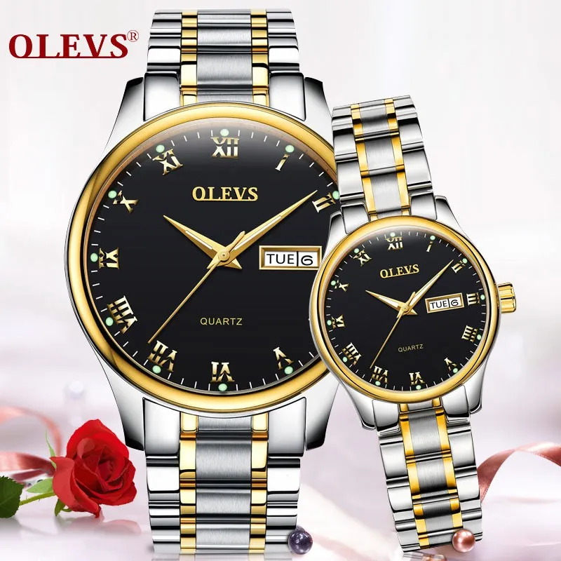 2PCS OLEVS Top Brand Quartz Couple Watch Waterproof Stainless Steel Strap Wristwatch Lover Gifts Luminous Auto Date Week Display