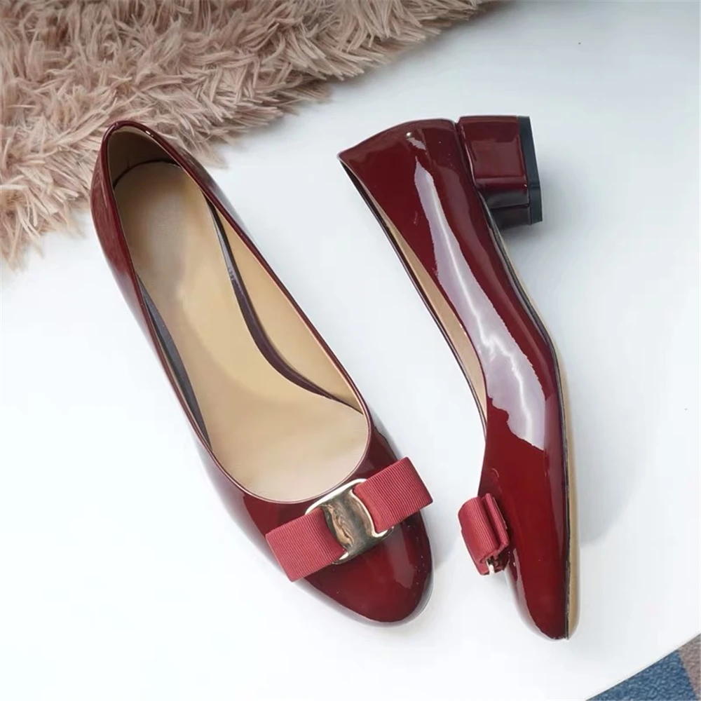 Burgundy 3.5CM Junetxin/Женская обувь наивысшего качества обувь ручной работы из натуральной кожи на каблуке г., Классическая Брендовая обувь с круглым носком - Цвет: Burgundy 3.5CM
