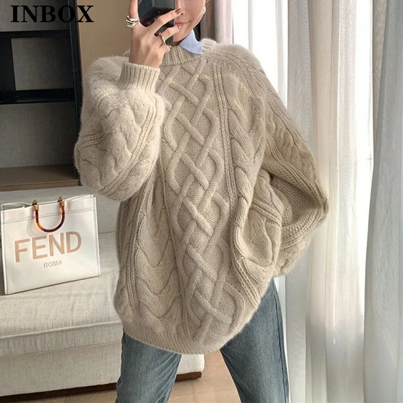 

INBOX Autumn Winter Vintage Korean Style Loose Twist Sweater Casual O-neck Pullovers Ladies Warm Jumper Streetwear Teen Knitwear