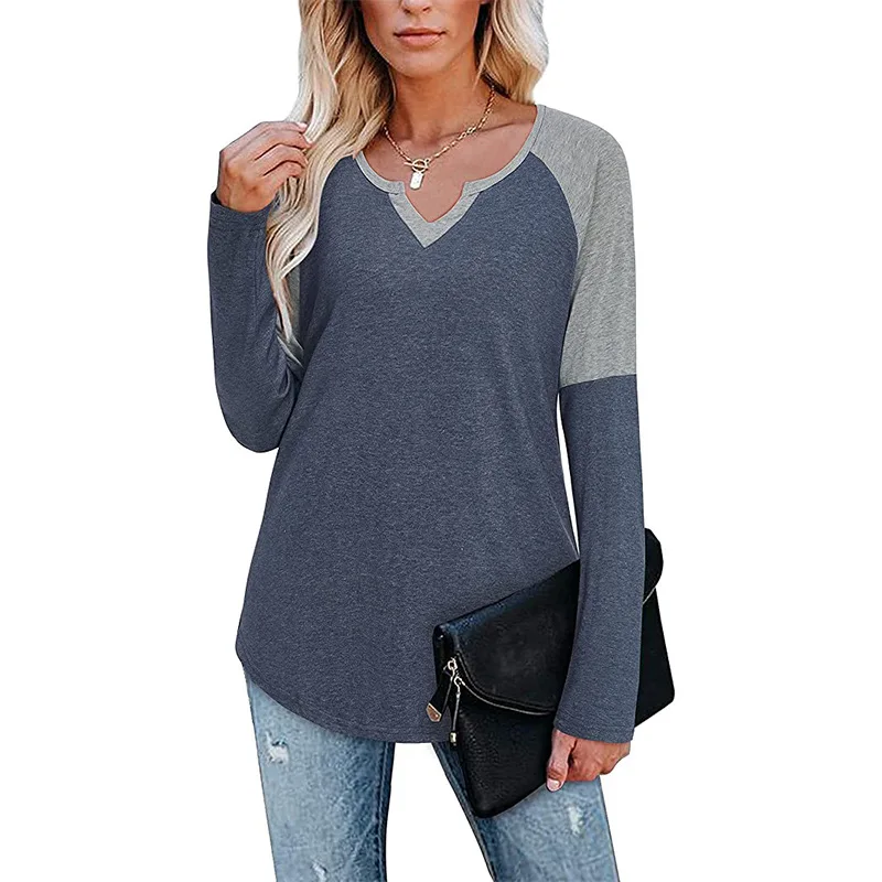 

Split V-Neck Casual Cotton Tops Women New Autumn Spring Long Sleeve Patchworked Top Femme 2021 Cotton Tshirt Female Clothing