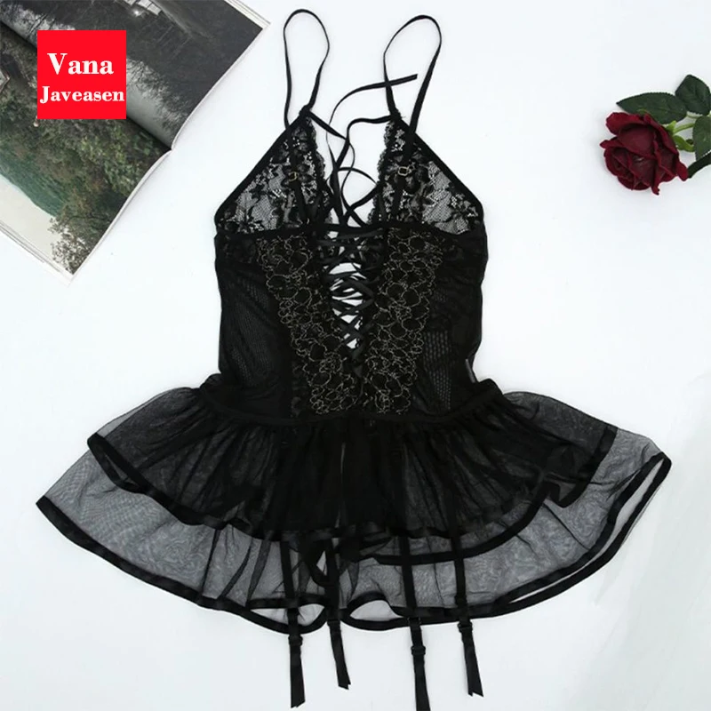 

Lace-Up Mesh Ruffle Nightdress for Women Hollow Backless Cross Straps Nightgowns Female Floral Perspective Sleepwear Homewear