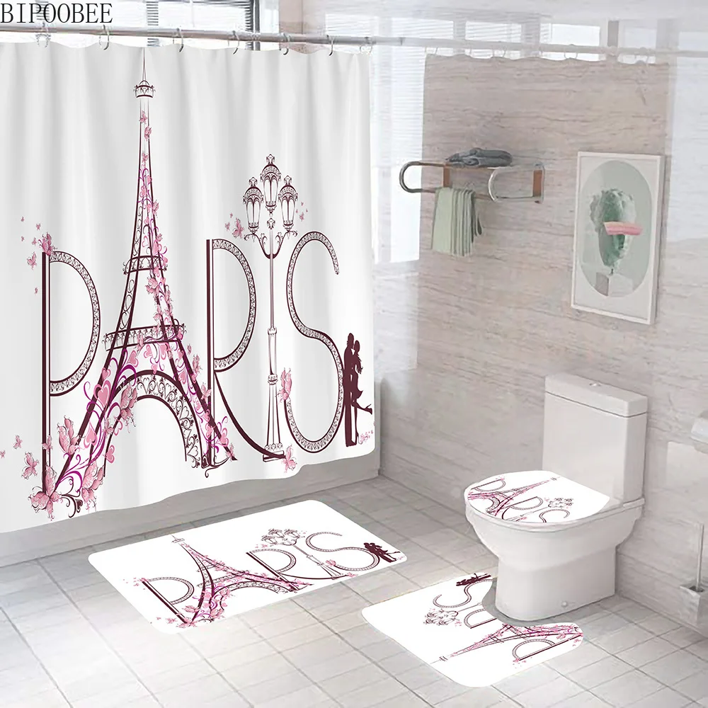 Розовая бабочка Эйфелева башня печати Душ Шторы s Ванная комната белый коврик для