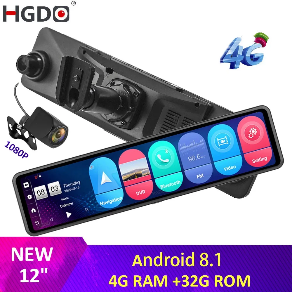

HGDO12" 4G Car DVR Android 8.1 4G+32G GPS Auto Registrar WiFi FHD 1080P Rearview Room Mirror Dash Camera ADAS Video Recorder
