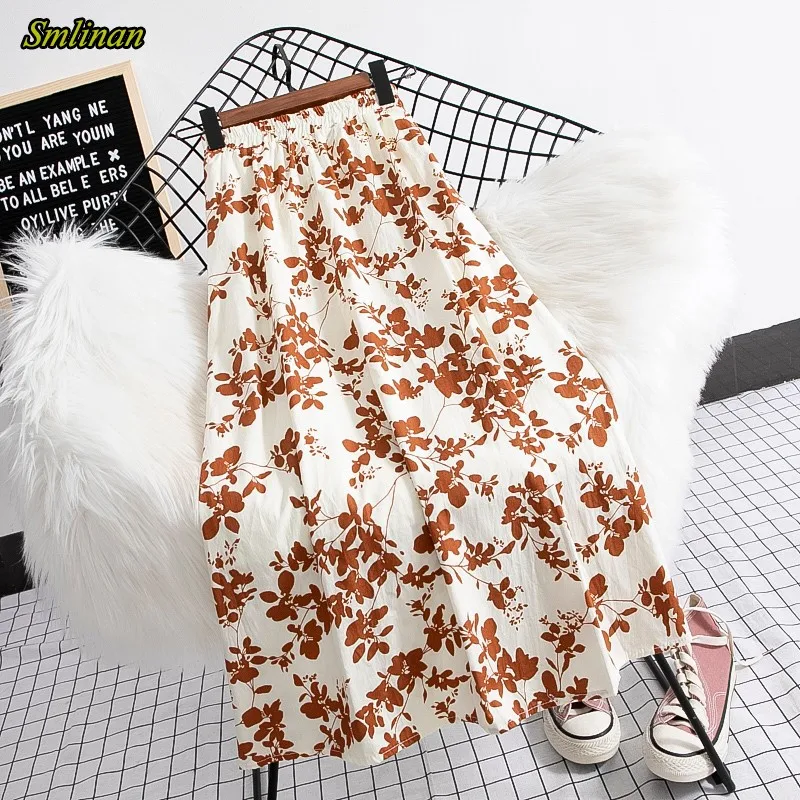 

Smlinan Summer Women Print Floral Vintage Skirt New Fashion Harajuku High-waisted A Line Skirts Casual Boho Chiffon Long Skirt