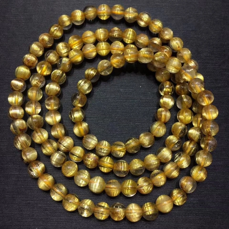 

Genuine Natural Gold Rutilated Quartz Crystal Bracelet Woman Titanium Wealthy 3 Laps Round Beads 4.8mm Jewelry AAAA