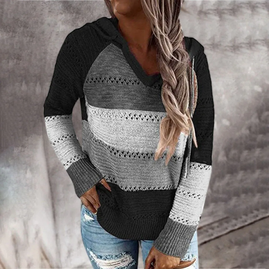 Fashion Women Casual Hoodie Patchwork V-neck Long Sleeves Hooded Sweatshirt Tops Streetwear Women Oversized Hoodies Sudaderas