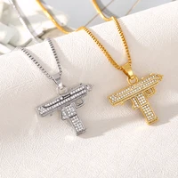 stainless steel men necklaces gun shape iced out zircon crystal pendant necklace hip hop chain male punk jewelry
